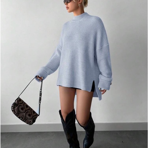 Cozy Mock High Neck Long Sleeve Slit Hi Low Hem Knit Sweater - Picture 2 of 13